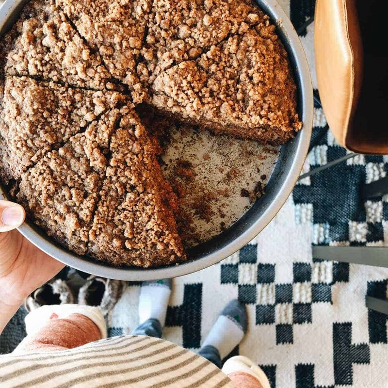 Coffee cake sliced in a bowl.
