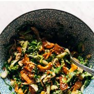 Napa chicken salad in a bowl with a fork