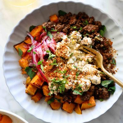 Sweet potato and beef bowls with street corn.
