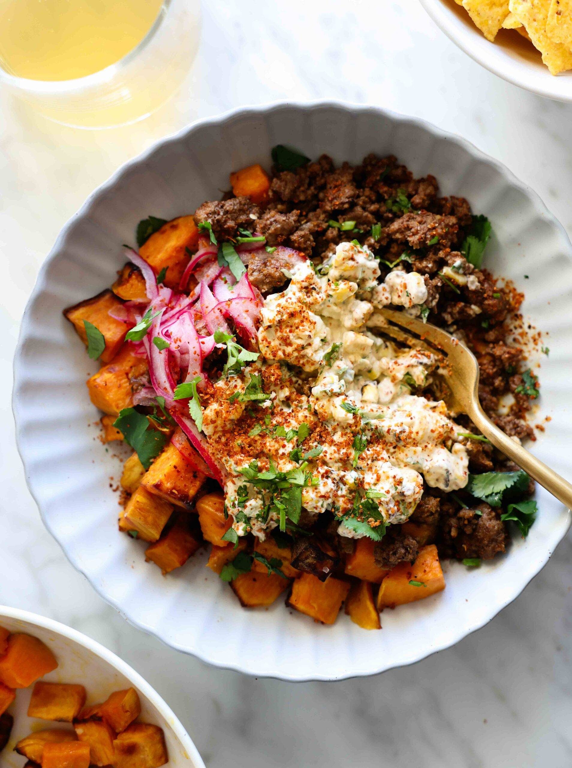 Beef and sweet potato bowl with corn.